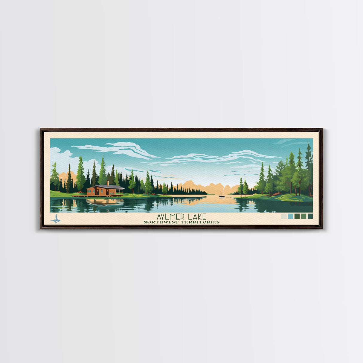 Aylmer Lake Northwest Territories Framed Canvas Print, Panoramic Travel Poster, Midcentury Modern Wall Art, Pop Art, Lake House Decor