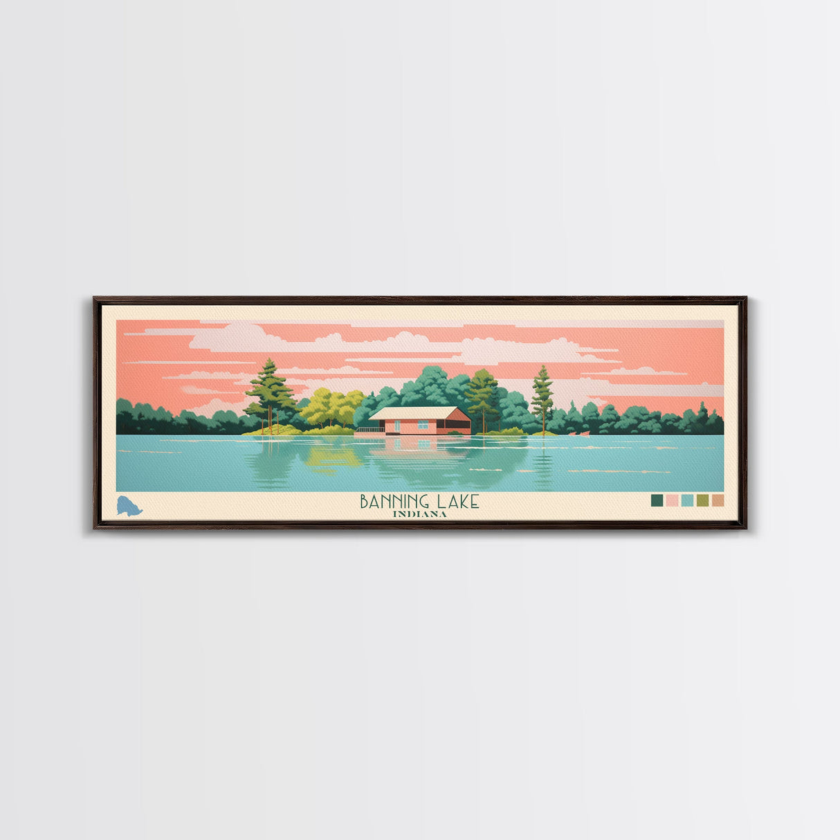 Banning Lake Indiana Framed Canvas Print, Panoramic Travel Poster, Midcentury Modern Wall Art, Pop Art, Bedroom Decor