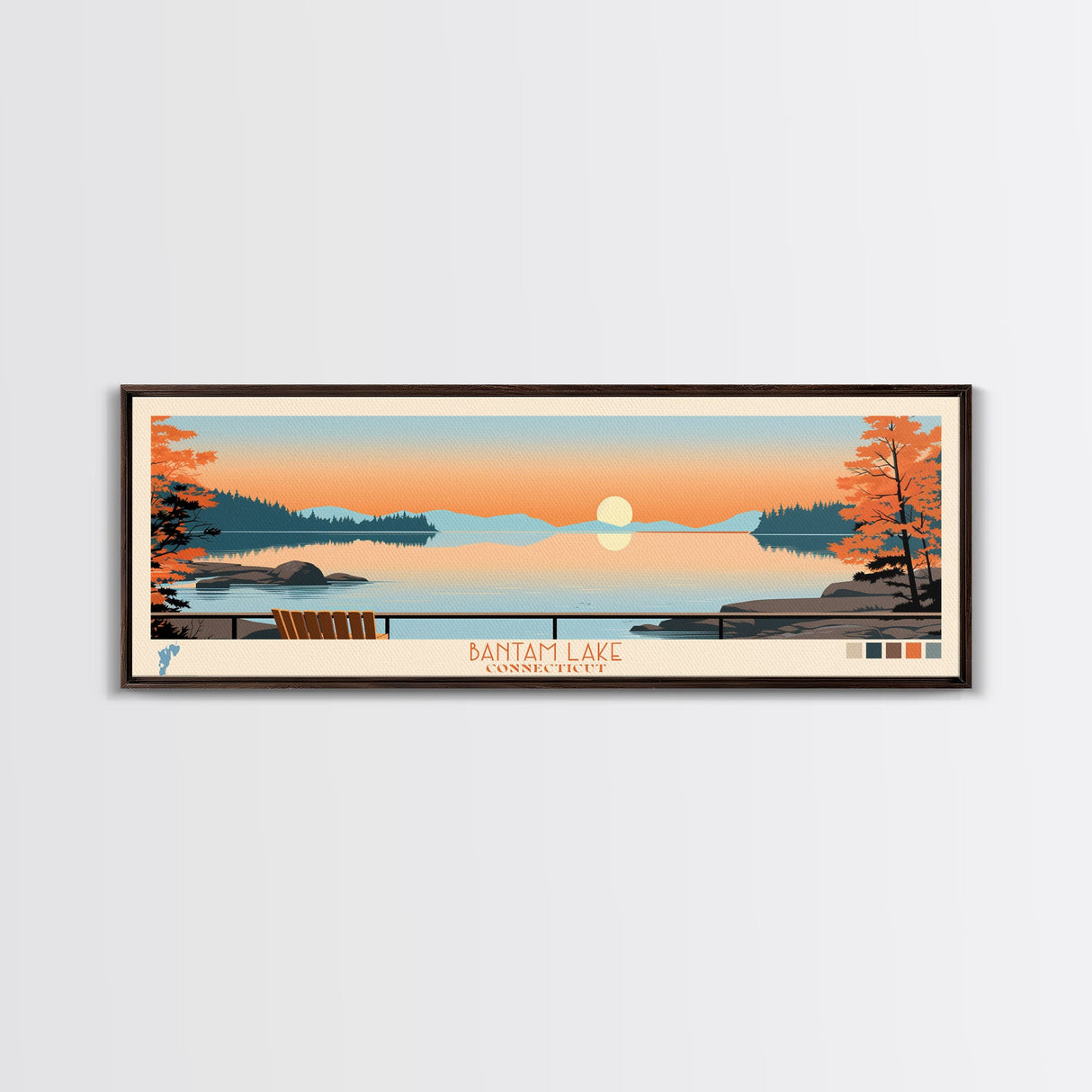 Bantam Lake Connecticut Framed Canvas Print, Panoramic Wall Art, Midcentury Modern, Pop Art, Travel Poster, Scenic Living Room Art