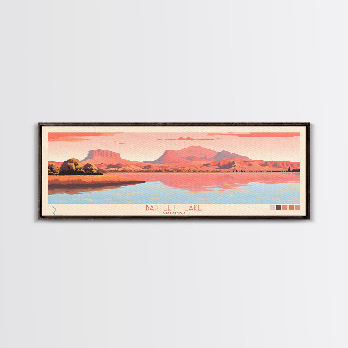 Bartlett Lake Arizona Framed Canvas Print, Panoramic Wall Art, Midcentury Modern, Pop Art, Travel Poster, Scenic Bedroom Art