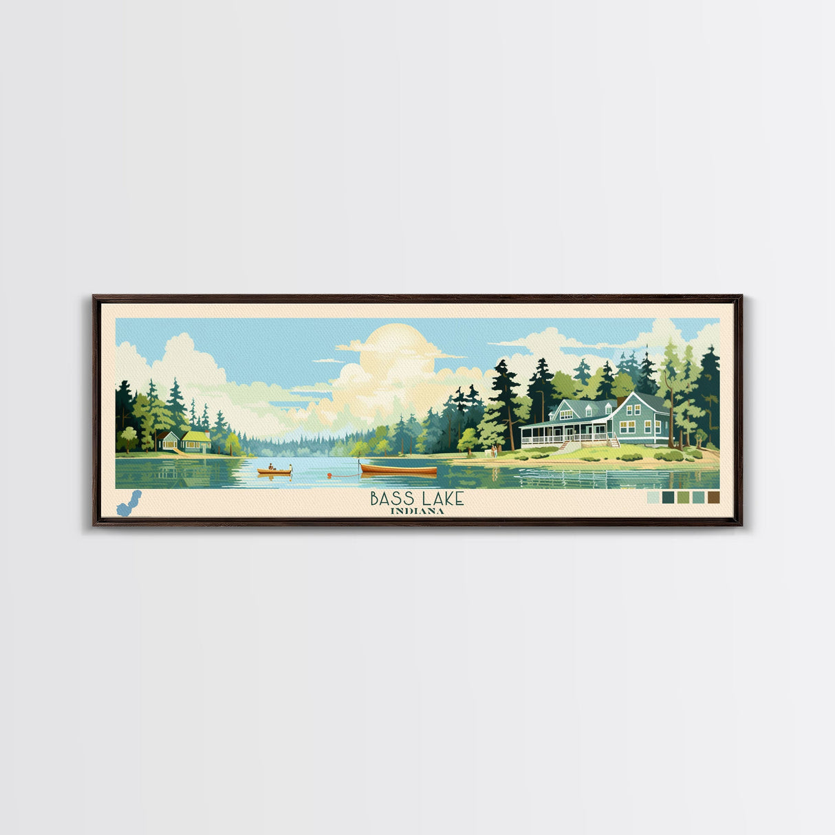 Bass Lake Indiana Framed Canvas Print, Panoramic Travel Poster, Midcentury Modern Wall Art, Pop Art, Nature Bedroom Decor, Lake House Art, Scenic Lake House