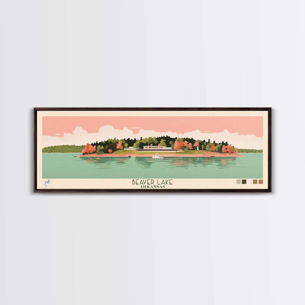 Beaver Lake Arkansas Framed Canvas Print, Panoramic Wall Art, Midcentury Modern, Pop Art, Travel Poster, Scenic Lake House Art, Bedroom Decor