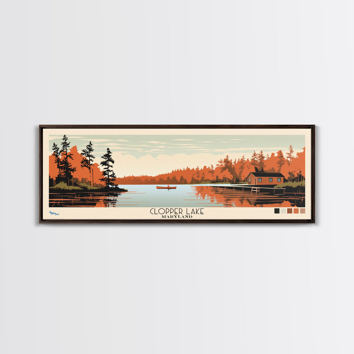 Clopper Lake Maryland Framed Canvas Print, Pop Art Panoramic Travel Poster, Midcentury Modern, Wall Art, Scenic Nature Painting, Bedroom Decor, Living Room Art