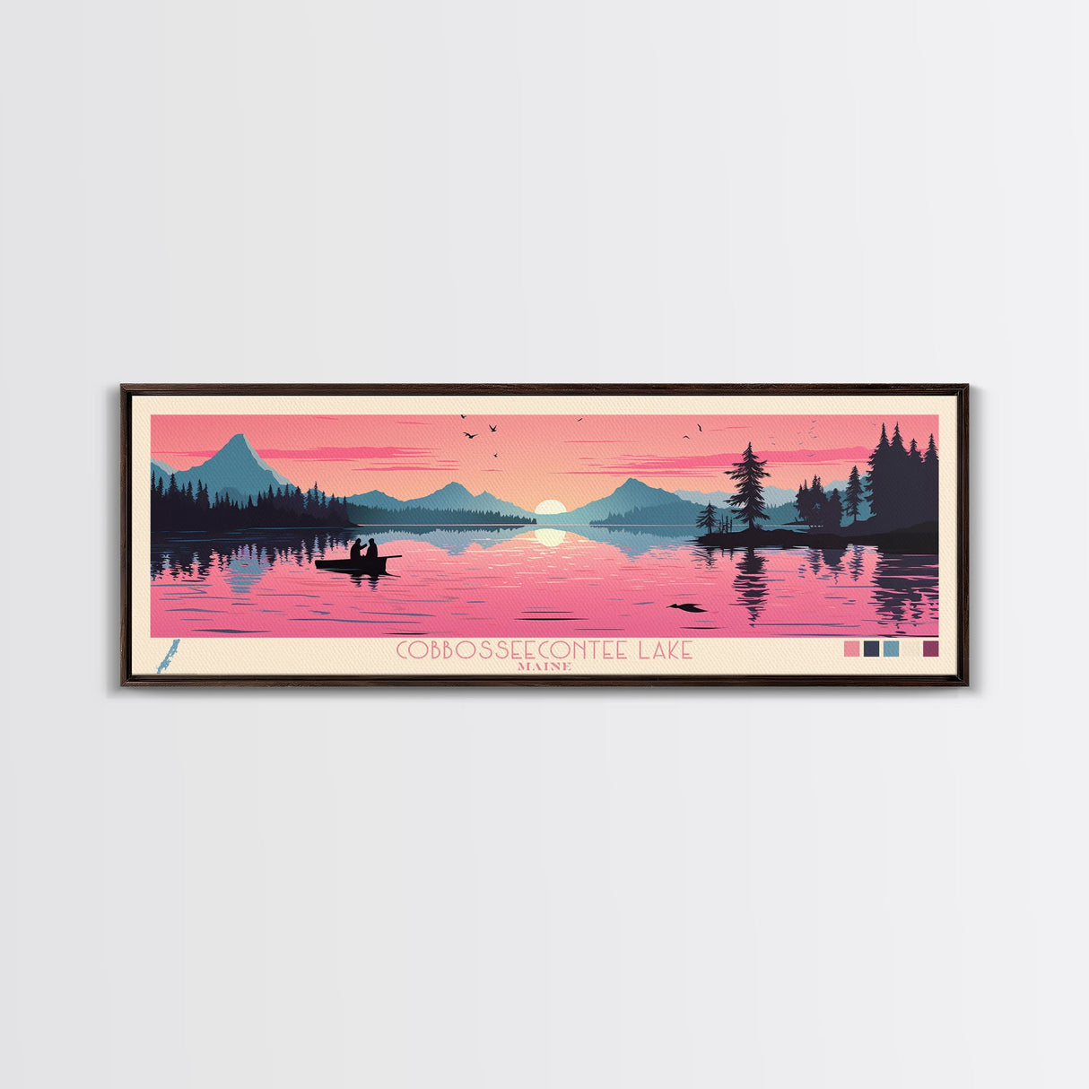 Cobbosseecontee Lake Maine Framed Canvas Print, Midcentury Modern Panoramic Wall Art, Living Room Decor, Pop Art, Travel Poster Art, Scenic Nature Painting, Lake House Decor