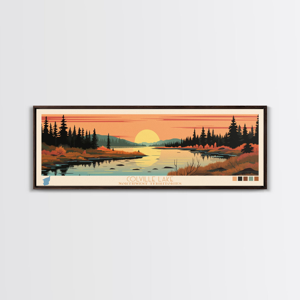 Colville Lake Northwest Territories Framed Canvas Print, Pop Art Panoramic Travel Poster, Bedroom Decor, Midcentury Modern, Wall Art, Scenic Lake House, Nature Art