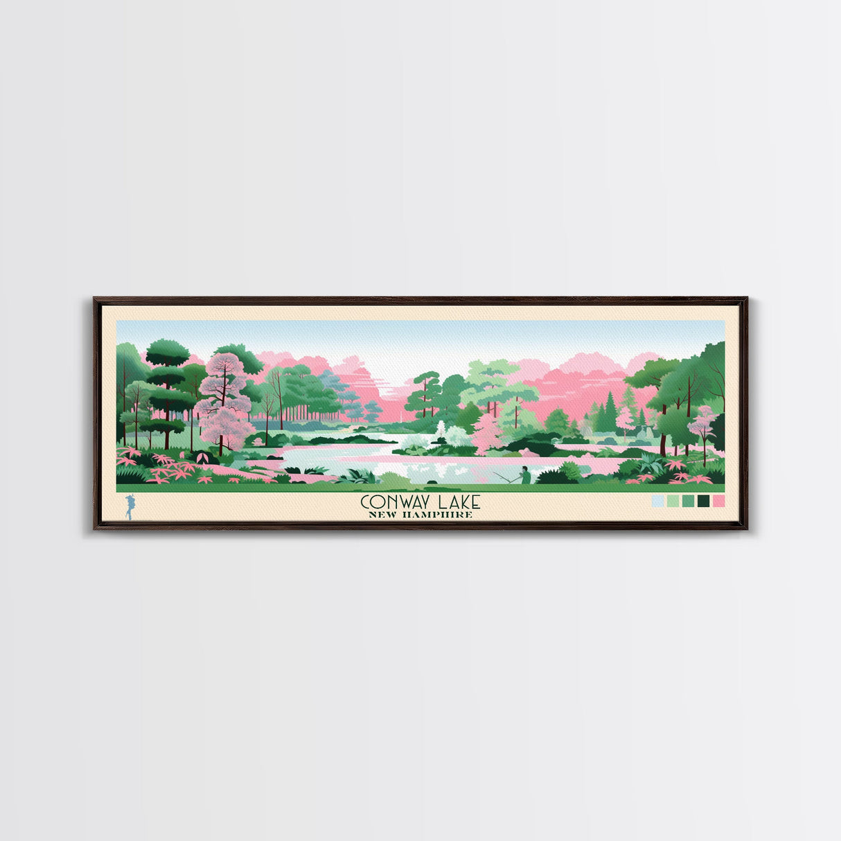 Conway Lake New Hamphire Framed Canvas Print, Pop Art Panoramic Travel Poster, Midcentury Modern, Wall Art, Scenic Nature Painting, Bedroom Decor, Living Room Art