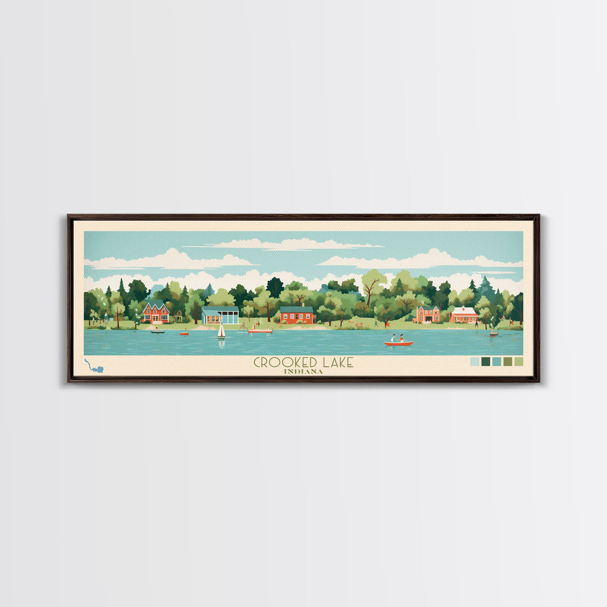 Crooked Lake Indiana Framed Canvas Print, Midcentury Modern Panoramic Wall Art, Living Room Decor, Pop Art, Travel Poster Art, Scenic Nature Painting, Lake House Decor