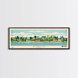 Crooked Lake Indiana Framed Canvas Print, Midcentury Modern Panoramic Wall Art, Living Room Decor, Pop Art, Travel Poster Art, Scenic Nature Painting, Lake House Decor