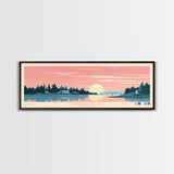 Cumberland Lake Manitoba Framed Canvas Print, Midcentury Modern Panoramic Wall Art, Living Room Decor, Pop Art, Travel Poster Art, Scenic Nature Painting