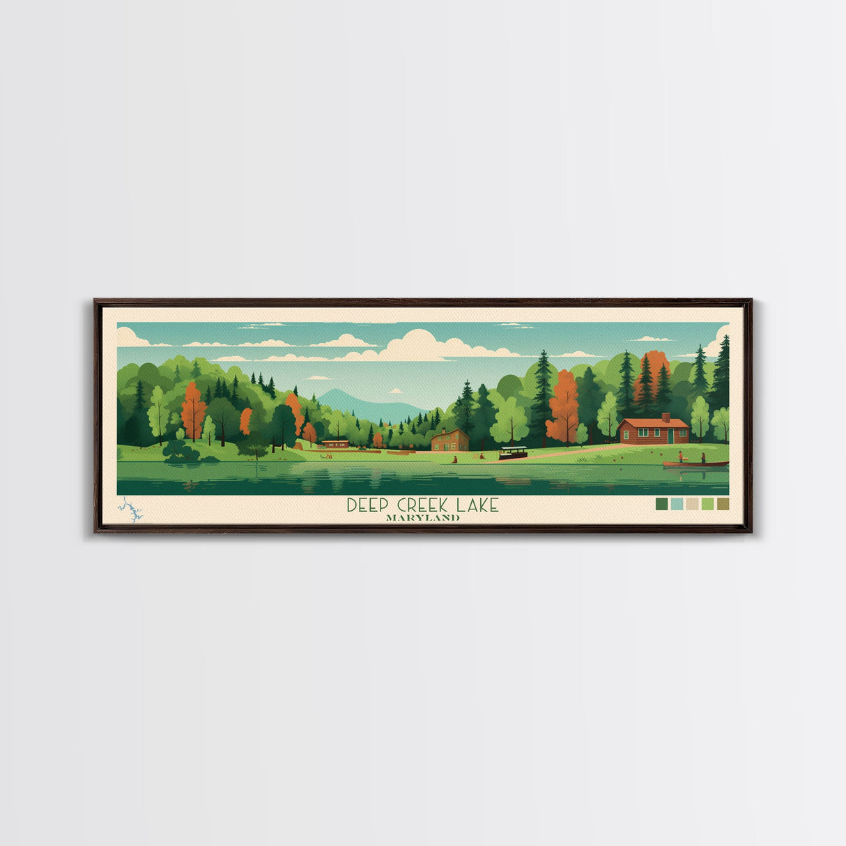 Deep Creek Lake Maryland Framed Canvas Print, Midcentury Modern Panoramic Wall Art, Bedroom Decor, Pop Art, Travel Poster Art, Scenic Nature Painting