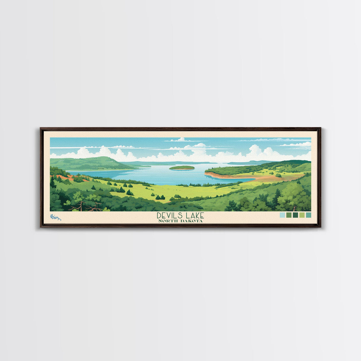 Devils Lake North Dakota Framed Canvas Print, Midcentury Modern Panoramic Wall Art, Living Room Decor, Pop Art, Travel Poster Art, Scenic Nature Painting