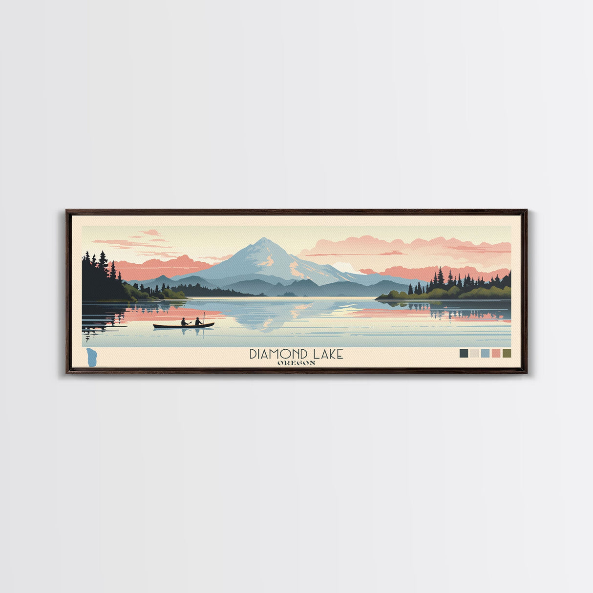 Diamond Lake Oregon Framed Canvas Print, Midcentury Modern Panoramic Wall Art, Bedroom Decor, Pop Art, Travel Poster Art, Scenic Nature Painting