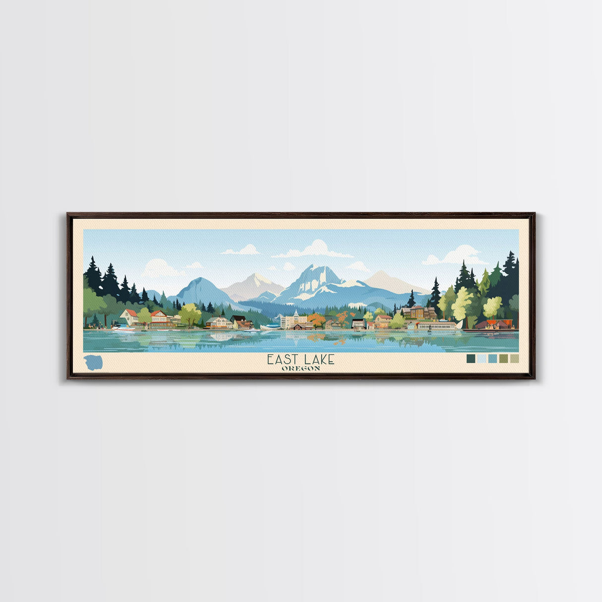 East Lake Oregon Framed Canvas Print, Panoramic Landscape Art, Midcentury Modern, Pop Art, Living Room Wall Art, Travel Poster, Beautiful Nature Art