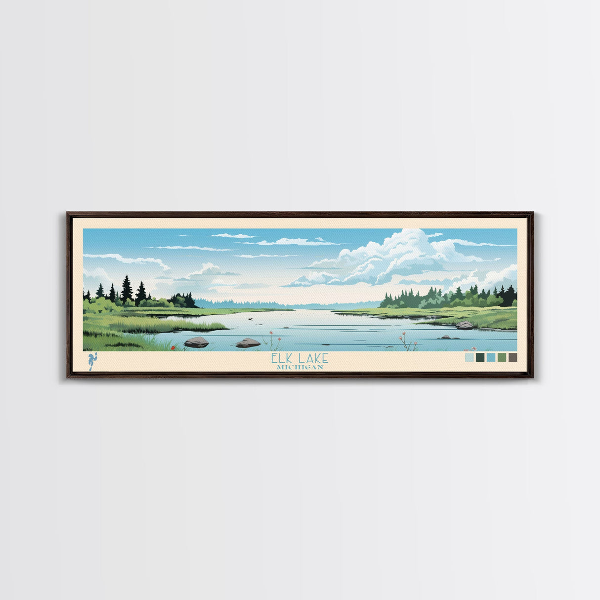 Elk Lake Michigan Framed Canvas Print, Panoramic Wall Art, Midcentury Modern, Pop Art, Bedroom Decor, Travel Poster, Nature Art