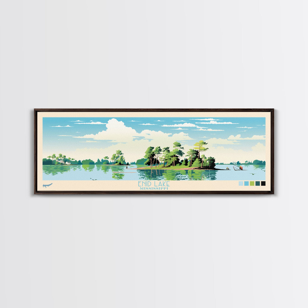 Enid Lake Mississippi Framed Canvas Print, Panoramic Art, Midcentury Modern, Pop Art, Living Room Decor, Travel Poster, Lake Painting