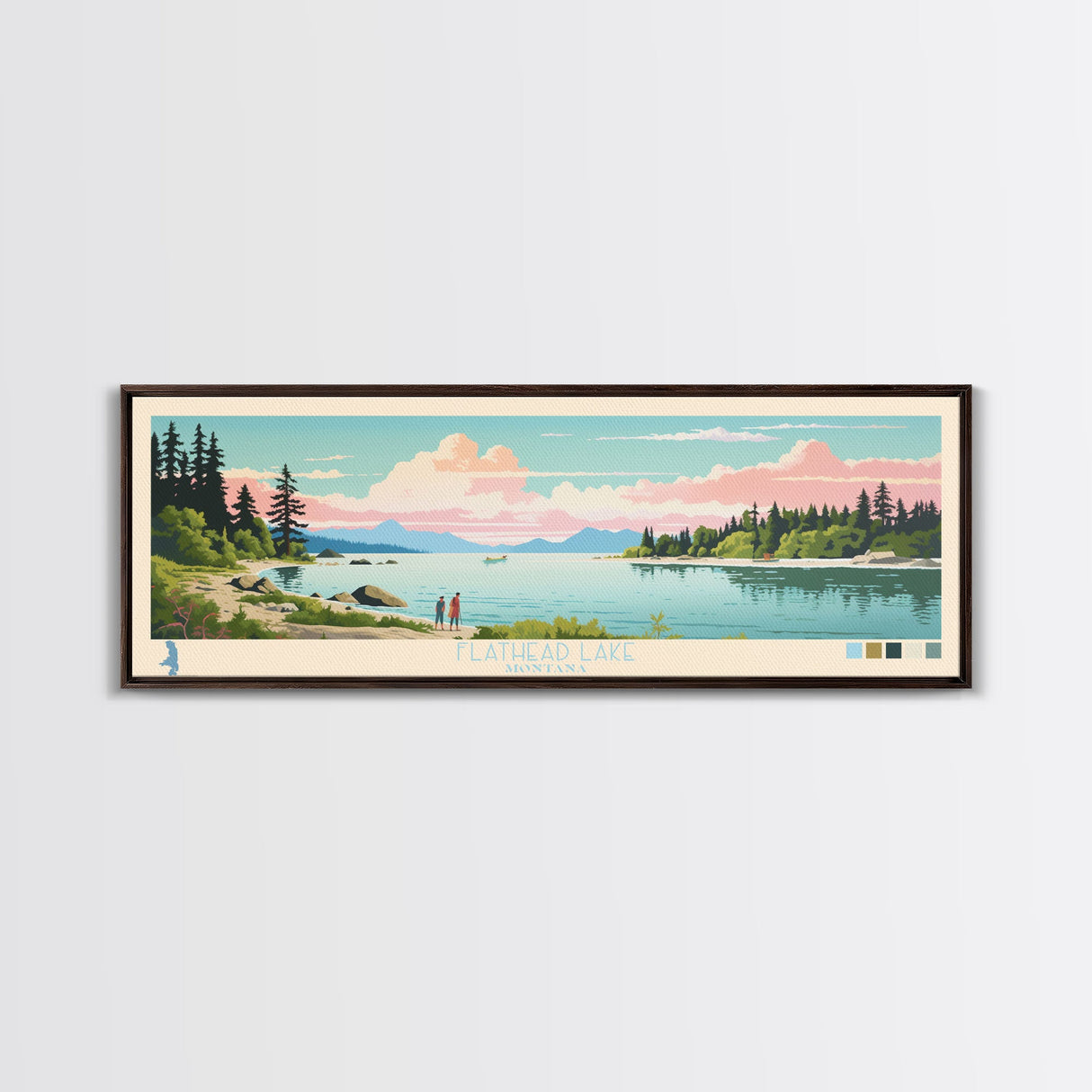 Flathead Lake Montana Framed Canvas Print, Panoramic Art, Midcentury Modern, Pop Art, Living Room Wall Art, Travel Poster, Lake View, Home Decor