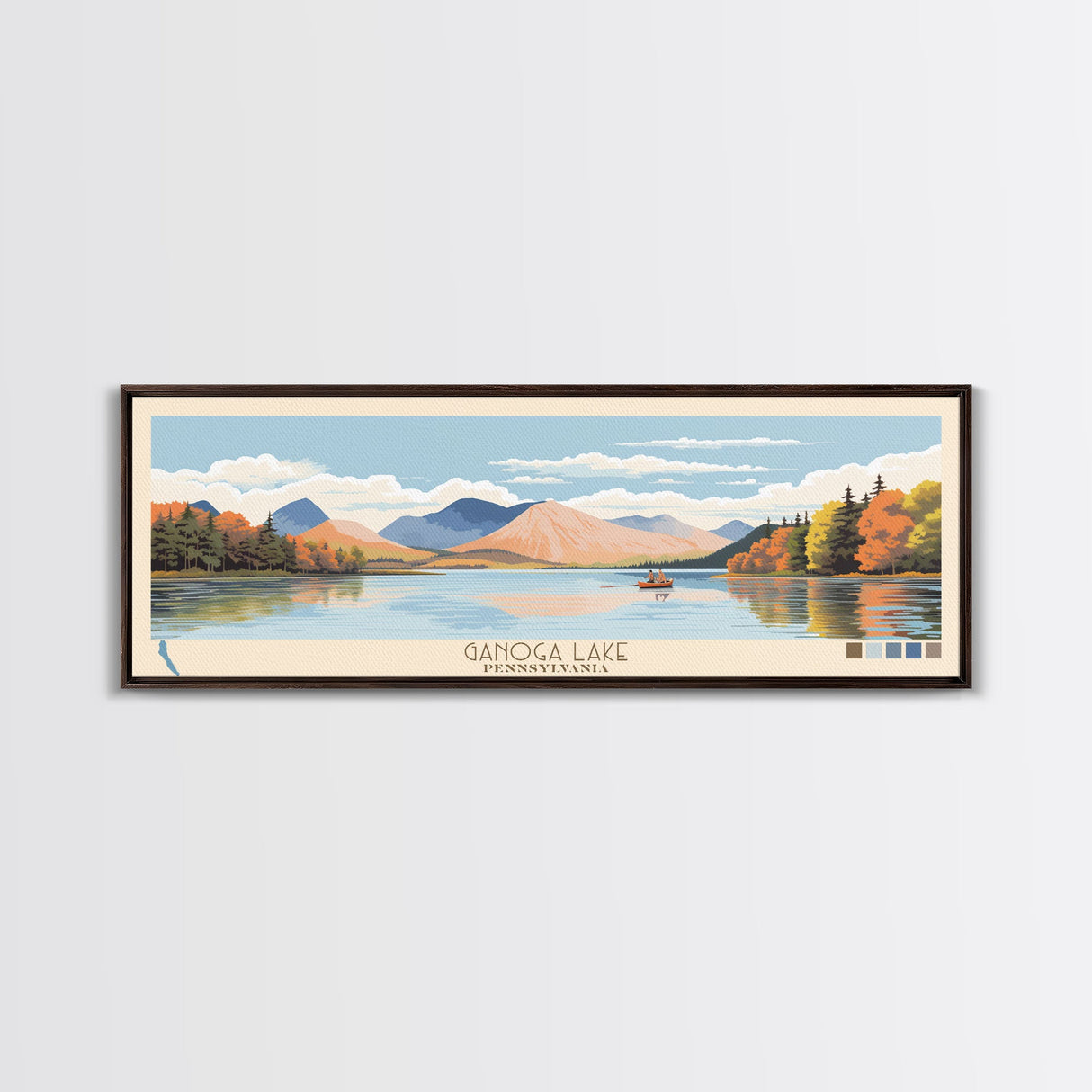 Ganoga Lake Pennsylvania Framed Canvas Print, Panoramic Art, Midcentury Modern, Pop Art, Living Room Wall Art, Travel Poster, Nature Painting, Home Decor