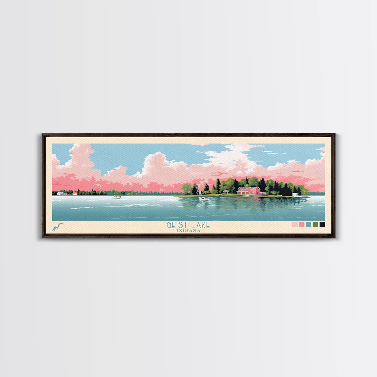 Geist Lake Indiana Framed Canvas Print, Panoramic Art, Midcentury Modern, Pop Art, Living Room Decor, Travel Poster, Nature Art, Wall Art