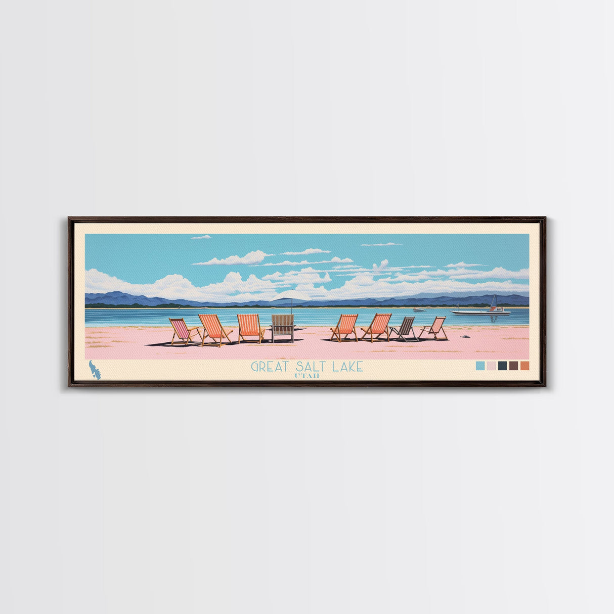 Great Salt Lake Utah Framed Canvas Print, Panoramic Wall Art, Midcentury Modern, Pop Art, Living Room Wall Art, Travel Poster, Nature Art, Artistic Decor