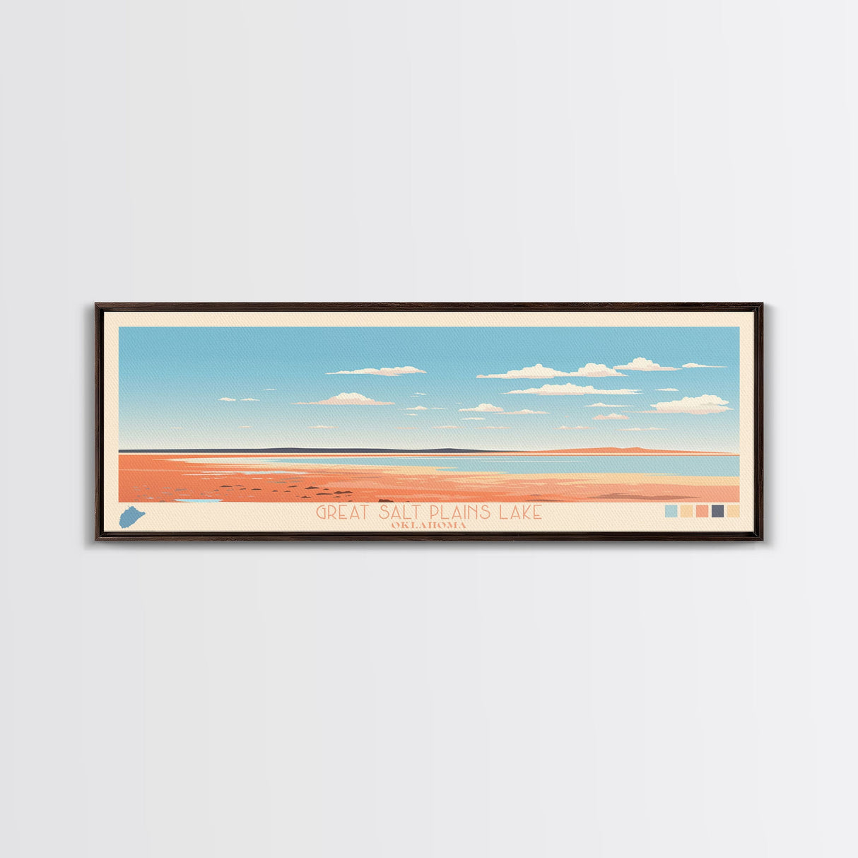 Great Salt Plains Lake Oklahoma Framed Canvas Print, Panoramic Art, Midcentury Modern, Pop Art, Bedroom Decor, Travel Poster, Lake House Art, Wall Art