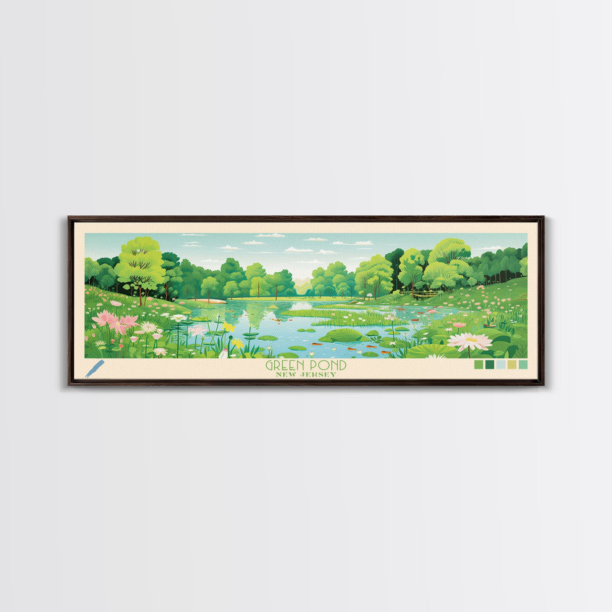 Green Pond New Jersey Framed Canvas Print, Panoramic Wall Art, Midcentury Modern, Pop Art, Living Room Decor, Travel Poster, Nature Art, Home Decor