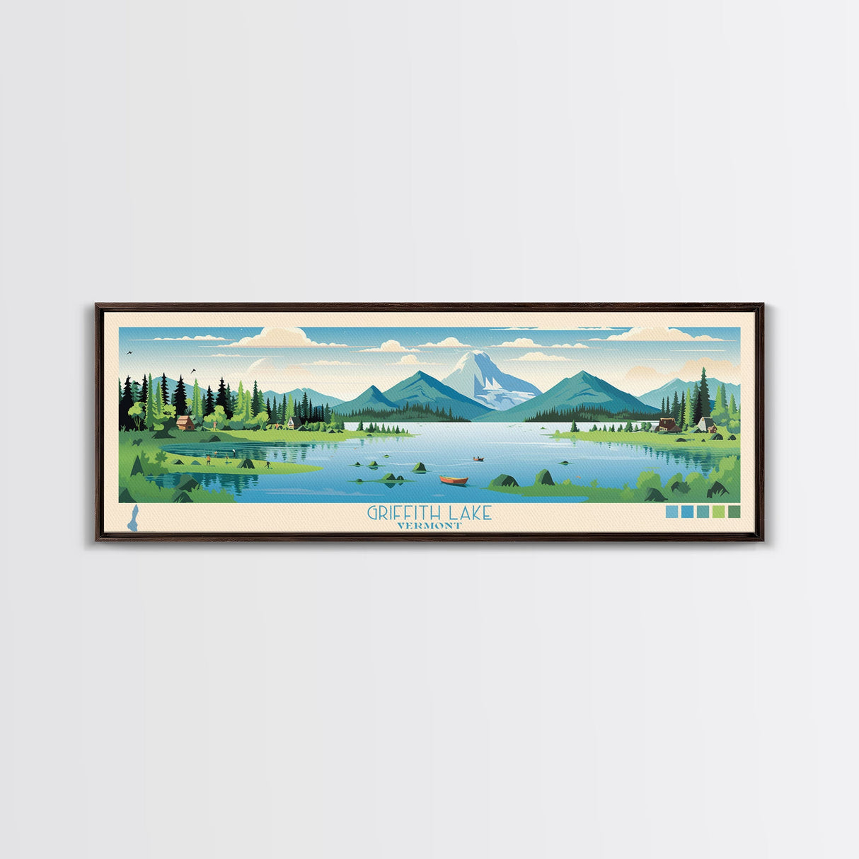 Griffith Lake Vermont Framed Canvas Print, Panoramic Wall Art, Midcentury Modern, Pop Art, Living Room Wall Art, Travel Poster, Lake View, Nature Art