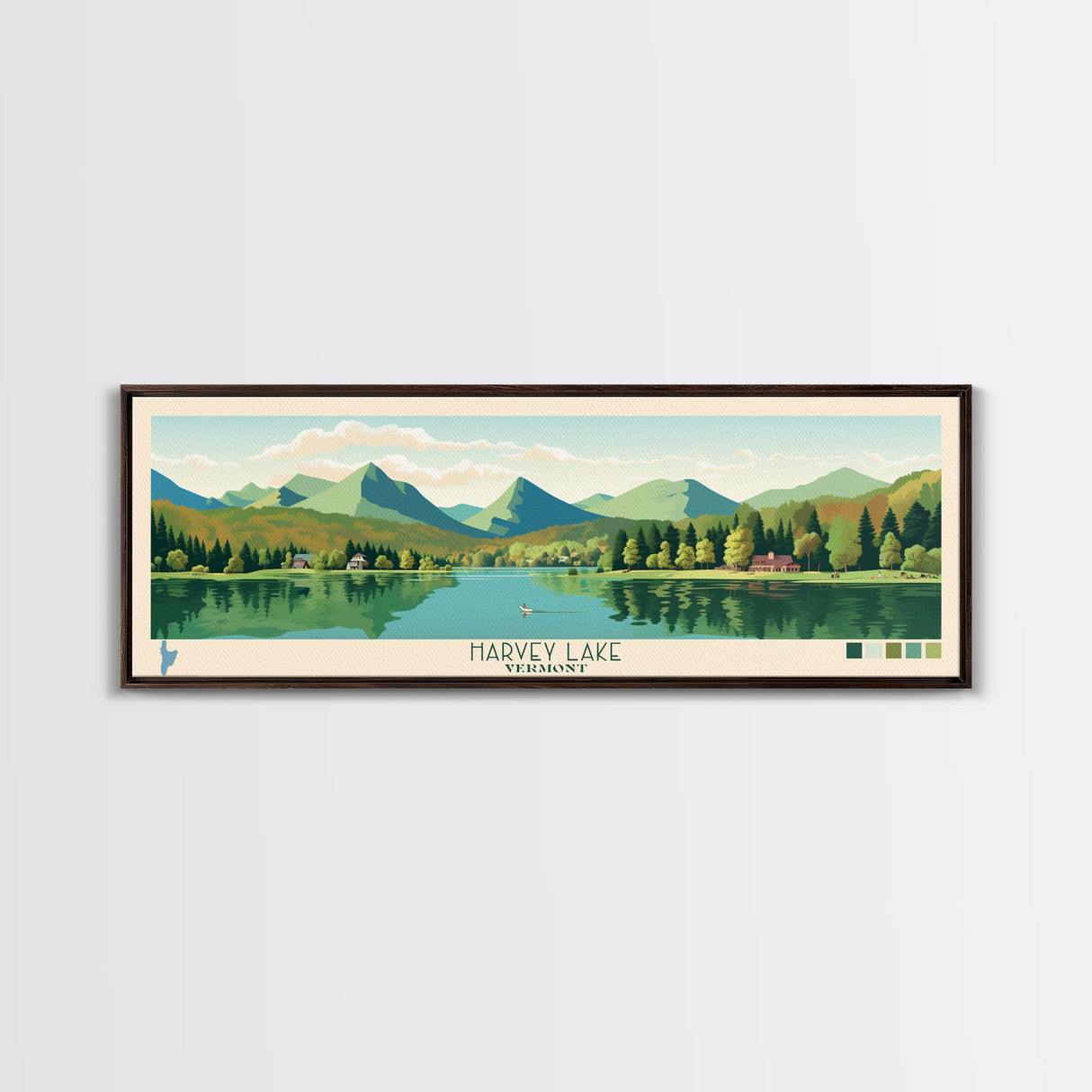 Harvey Lake Vermont Framed Canvas Print, Panoramic Wall Art, Midcentury Modern, Pop Art, Living Room Wall Art, Travel Poster, Lake View, Artistic Decor