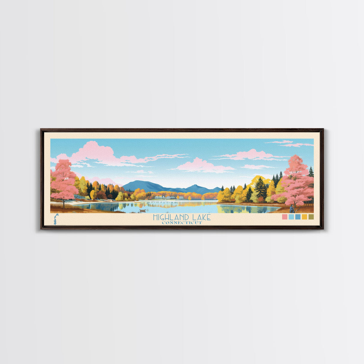 Highland Lake Connecticut Framed Canvas Print, Panoramic Art, Midcentury Modern, Pop Art, Lake House Decor, Travel Poster, Living Room Art