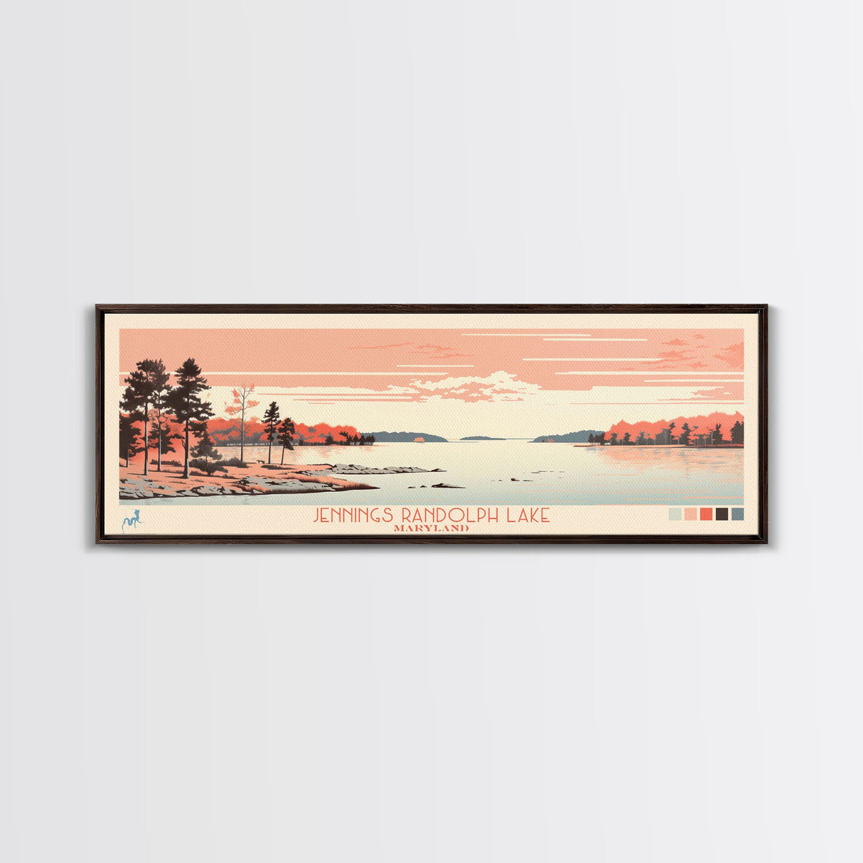 Jennings Randolph Lake Maryland Framed Canvas Print, Panoramic Wall Art, Midcentury Modern, Pop Art, Bedroom Art, Travel Poster, Lake House Art