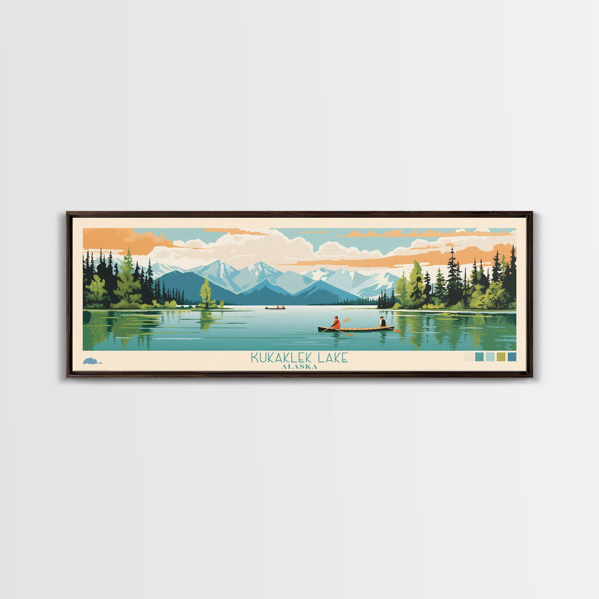 Kukaklek Lake Alaska Framed Canvas Print, Panoramic Wall Art, Midcentury Modern, Pop Art, Living Room Decor, Travel Poster, Bedroom Art