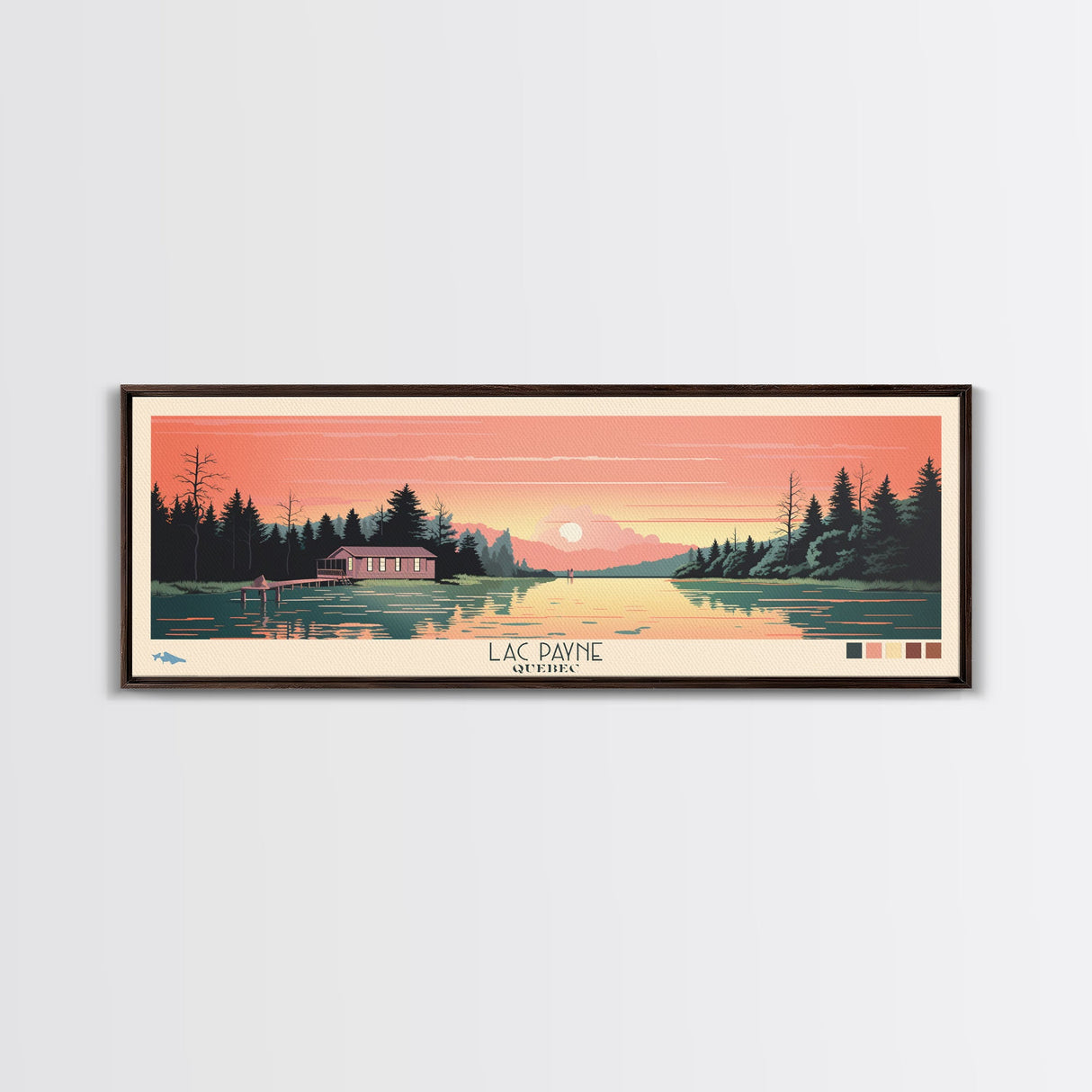 Lac Payne Quebec Framed Canvas Print, Panoramic Wall Art, Midcentury Modern, Pop Art, Bedroom Decor, Travel Poster, Living Room Art