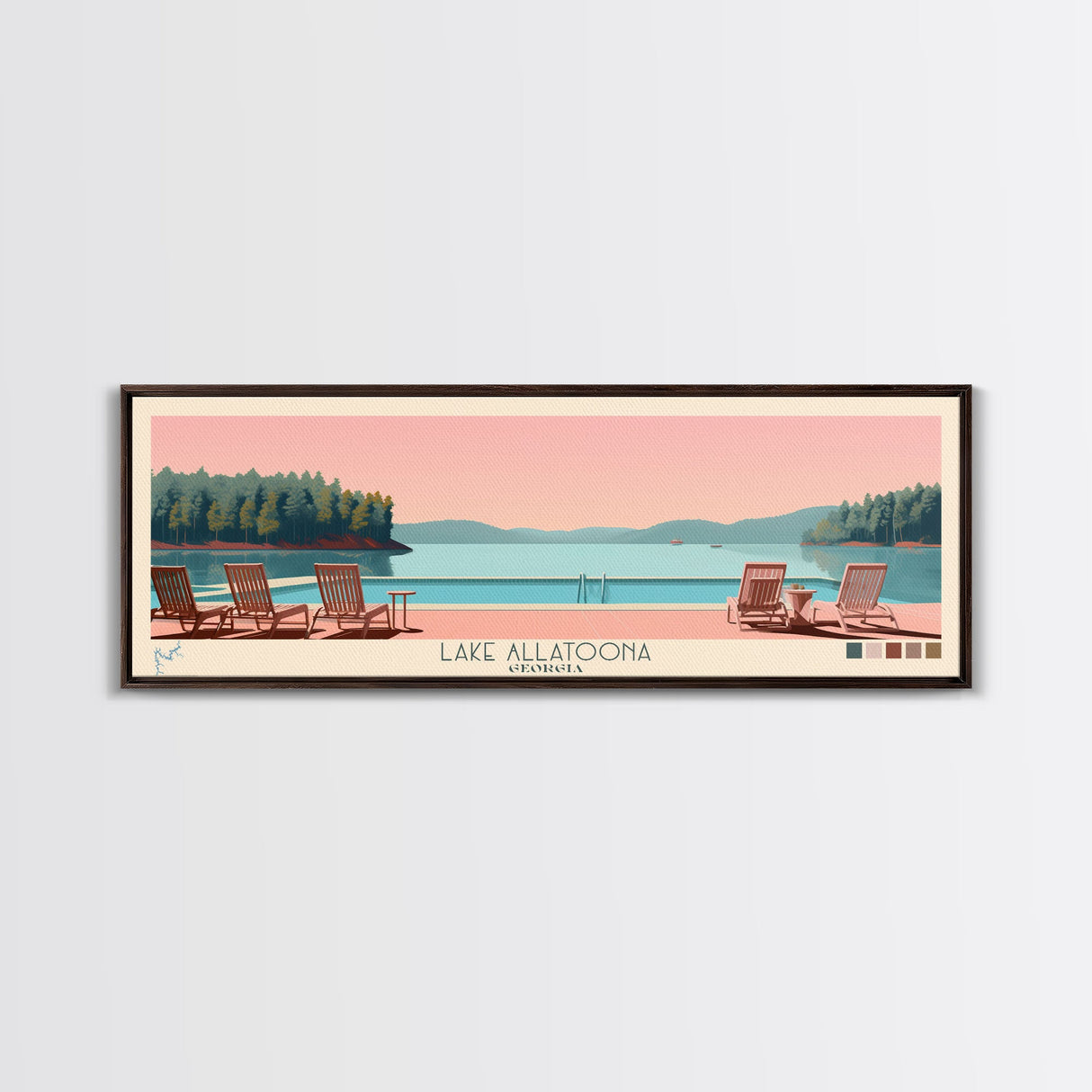 Lake Allatoona Georgia Framed Canvas Print, Panoramic Wall Art, Midcentury Modern, Pop Art, Living Room Decor, Travel Poster, Bedroom Art