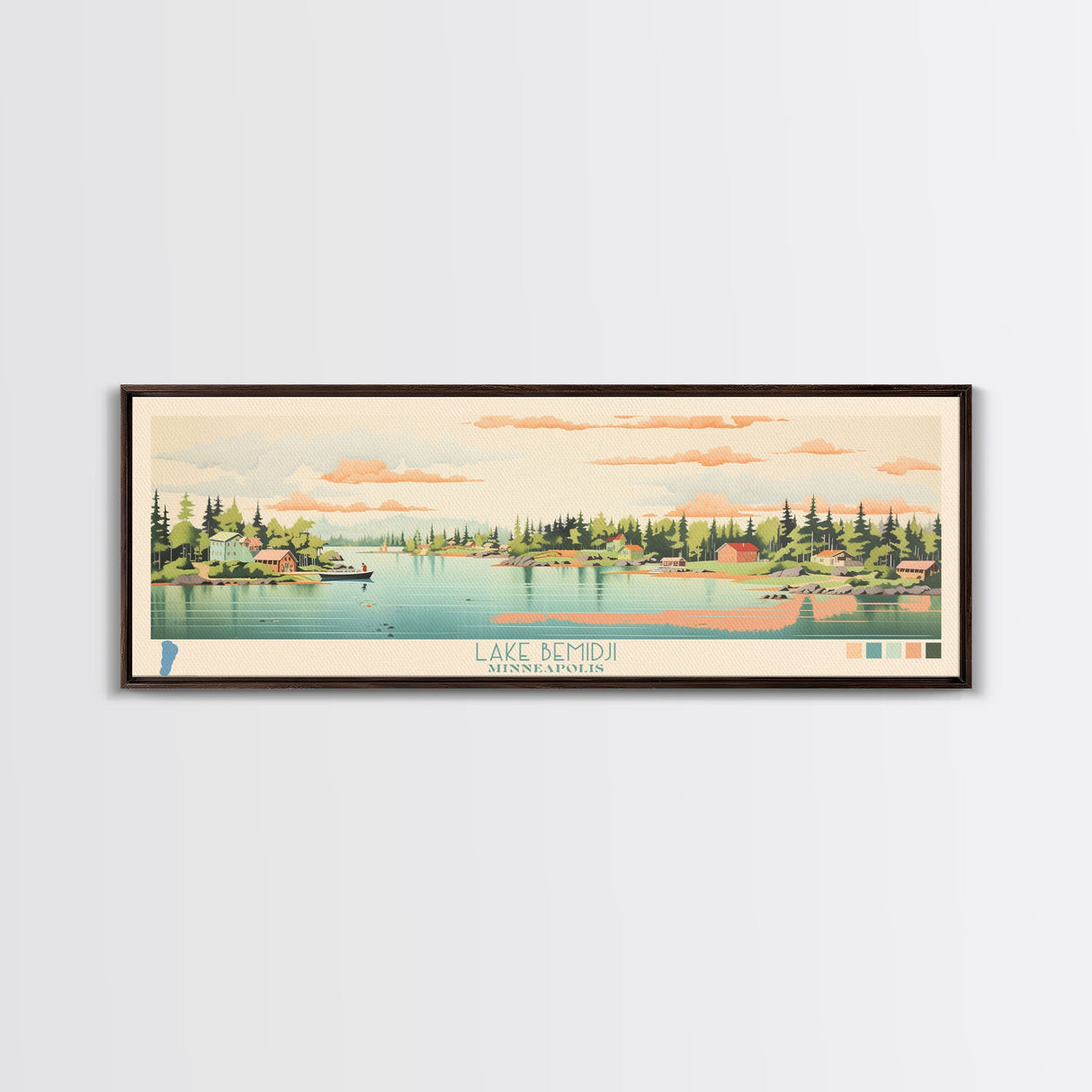 Lake Bemidji Minneapolis Framed Canvas Print, Panoramic Wall Art, Midcentury Modern, Pop Art, Bedroom Decor, Travel Poster, Living Room Art