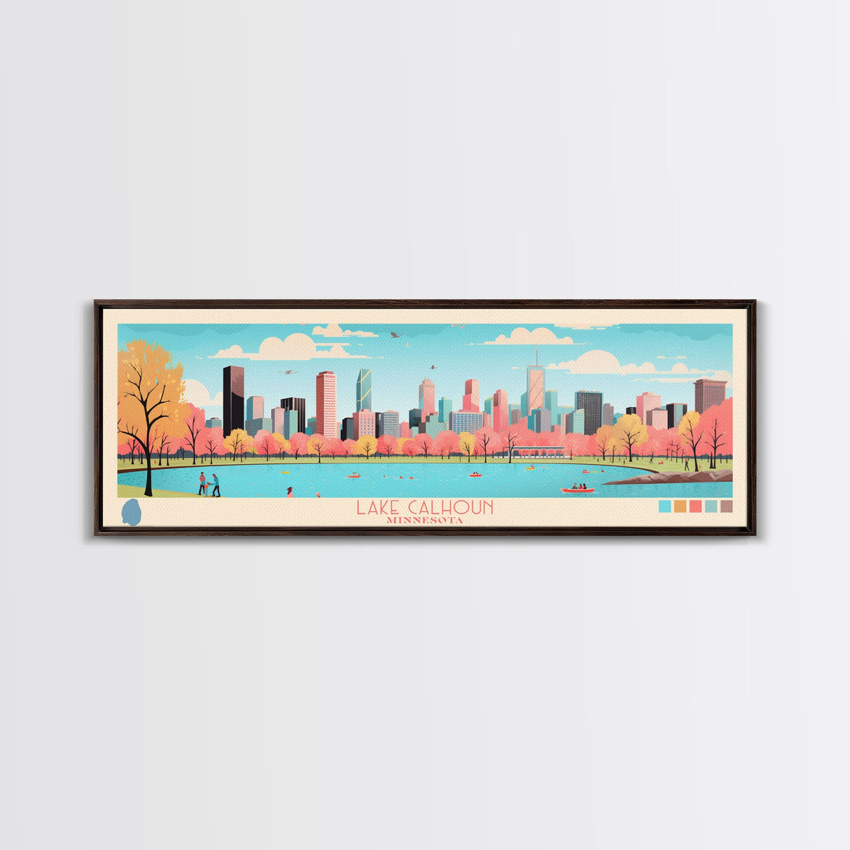 Lake Calhoun Minnesota Framed Canvas Print, Panoramic Wall Art, Midcentury Modern, Pop Art, Bedroom Decor, Travel Poster, Living Room Art