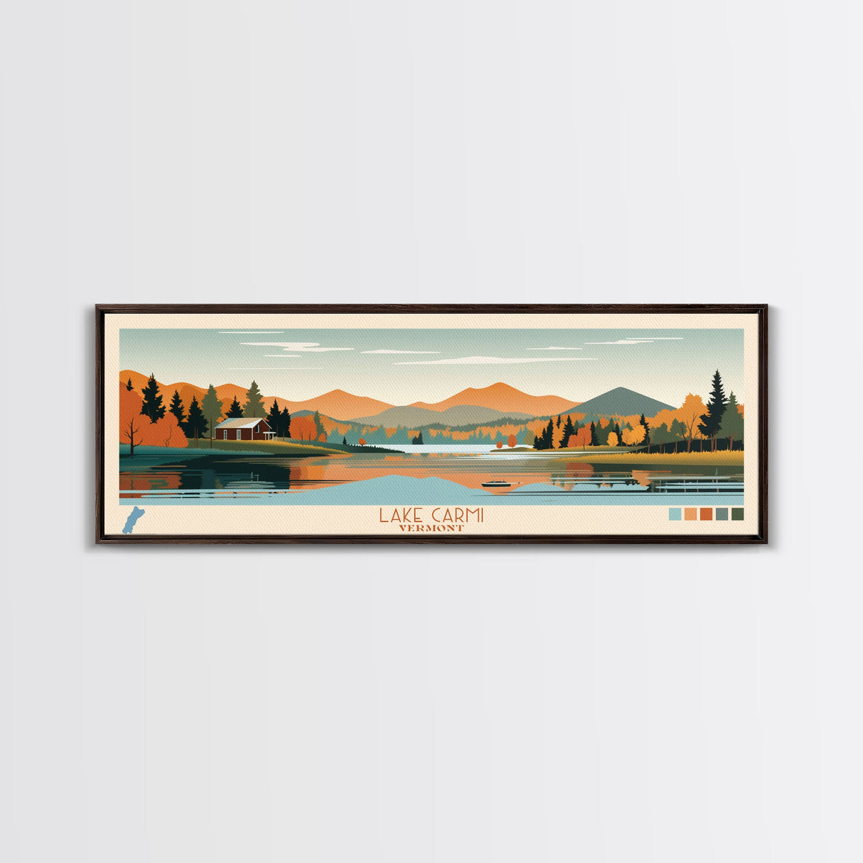 Lake Carmi Vermont Framed Canvas Print, Panoramic Art, Midcentury Modern, Pop Art, Living Room Wall Art, Travel Poster, Lake House Decor