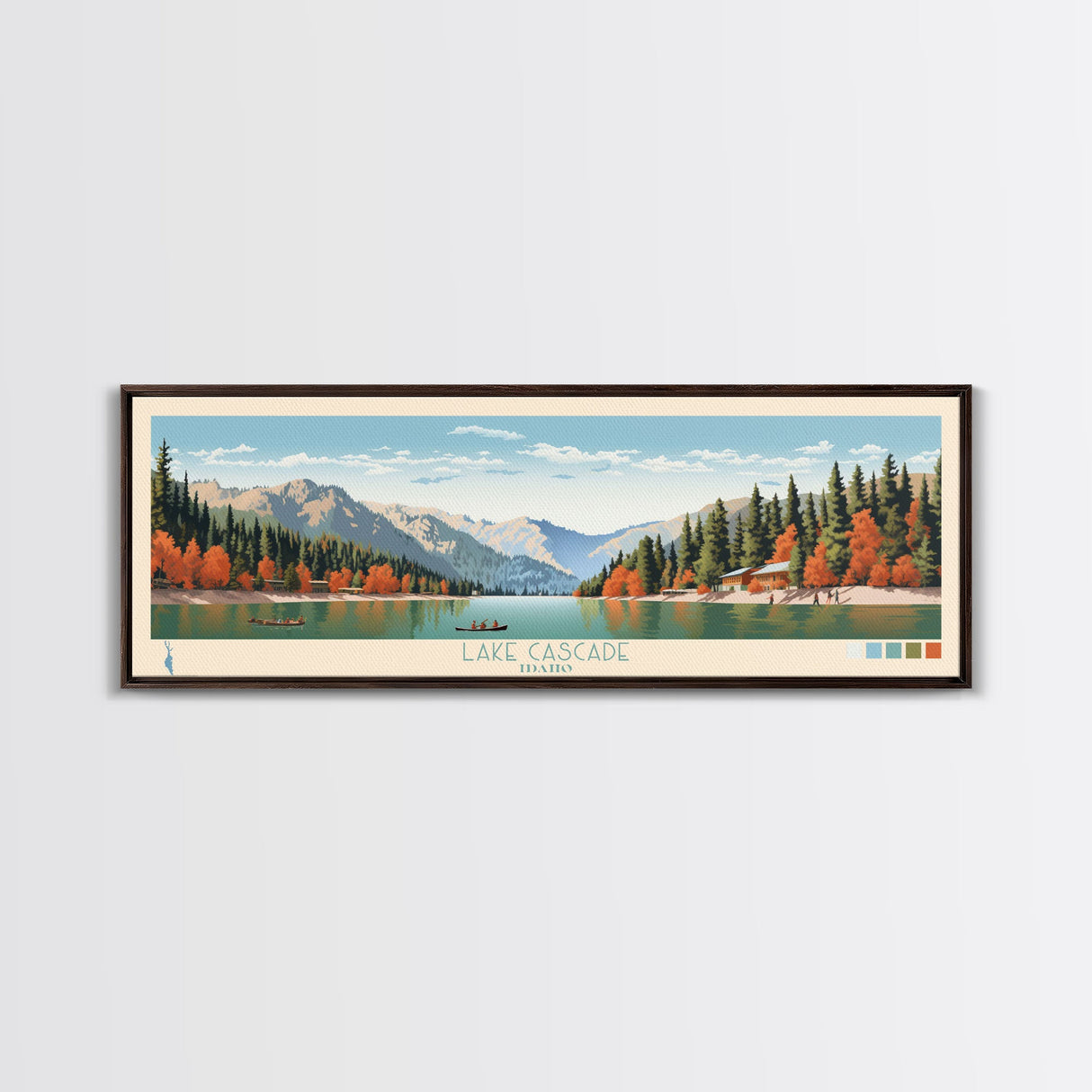 Lake Cascade Idaho Framed Canvas Print, Panoramic Art, Midcentury Modern, Pop Art, Living Room Wall Art, Travel Poster, Lake House Decor