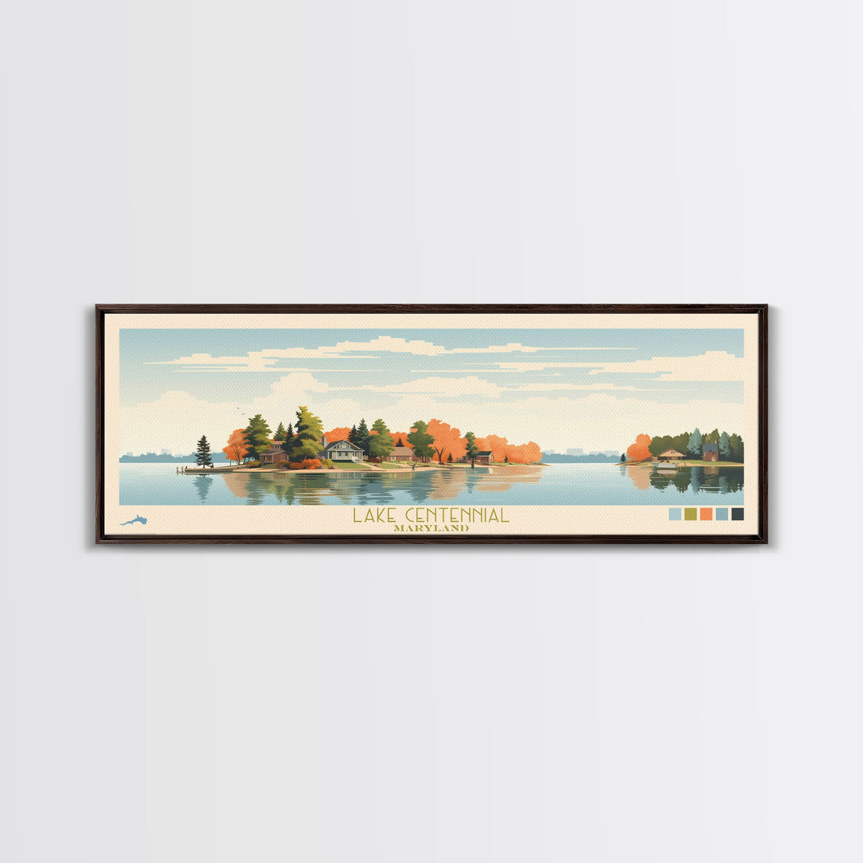 Lake Centennial Maryland Framed Canvas Print, Panoramic Wall Art, Midcentury Modern, Pop Art, Living Room Decor, Travel Poster, Bedroom Art