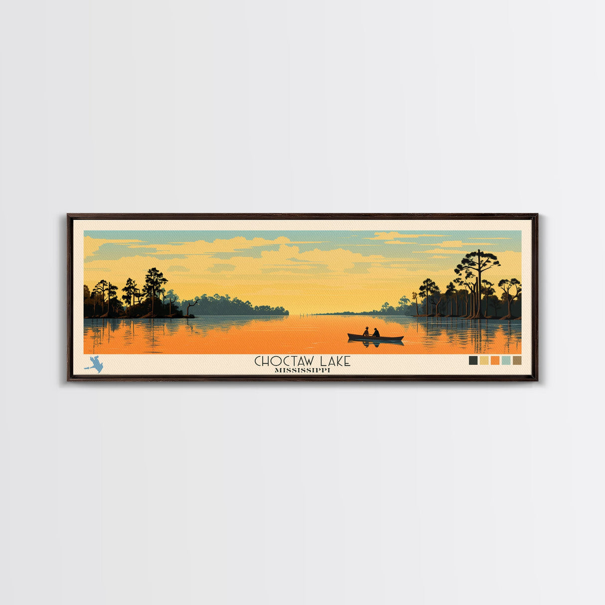 Lake Choctaw Framed Canvas Print, Panoramic Art, Midcentury Modern, Pop Art, Living Room Wall Art, Travel Poster, Lake House Decor