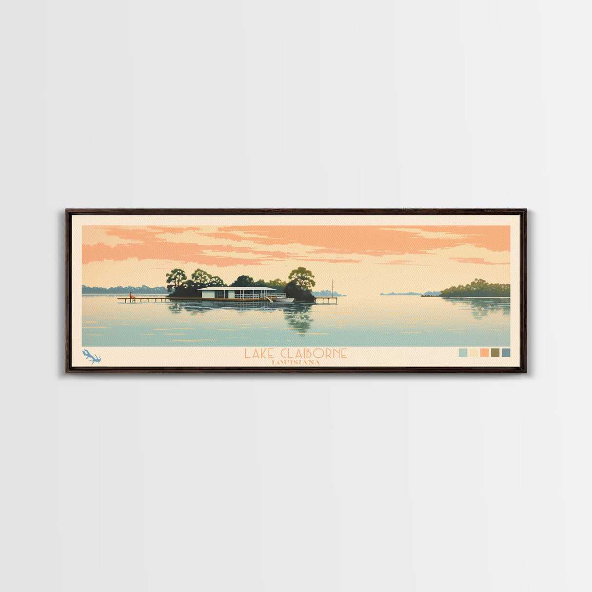 Lake Claiborne Louisiana Framed Canvas Print, Panoramic Wall Art, Midcentury Modern, Pop Art, Bedroom Decor, Travel Poster, Living Room Art