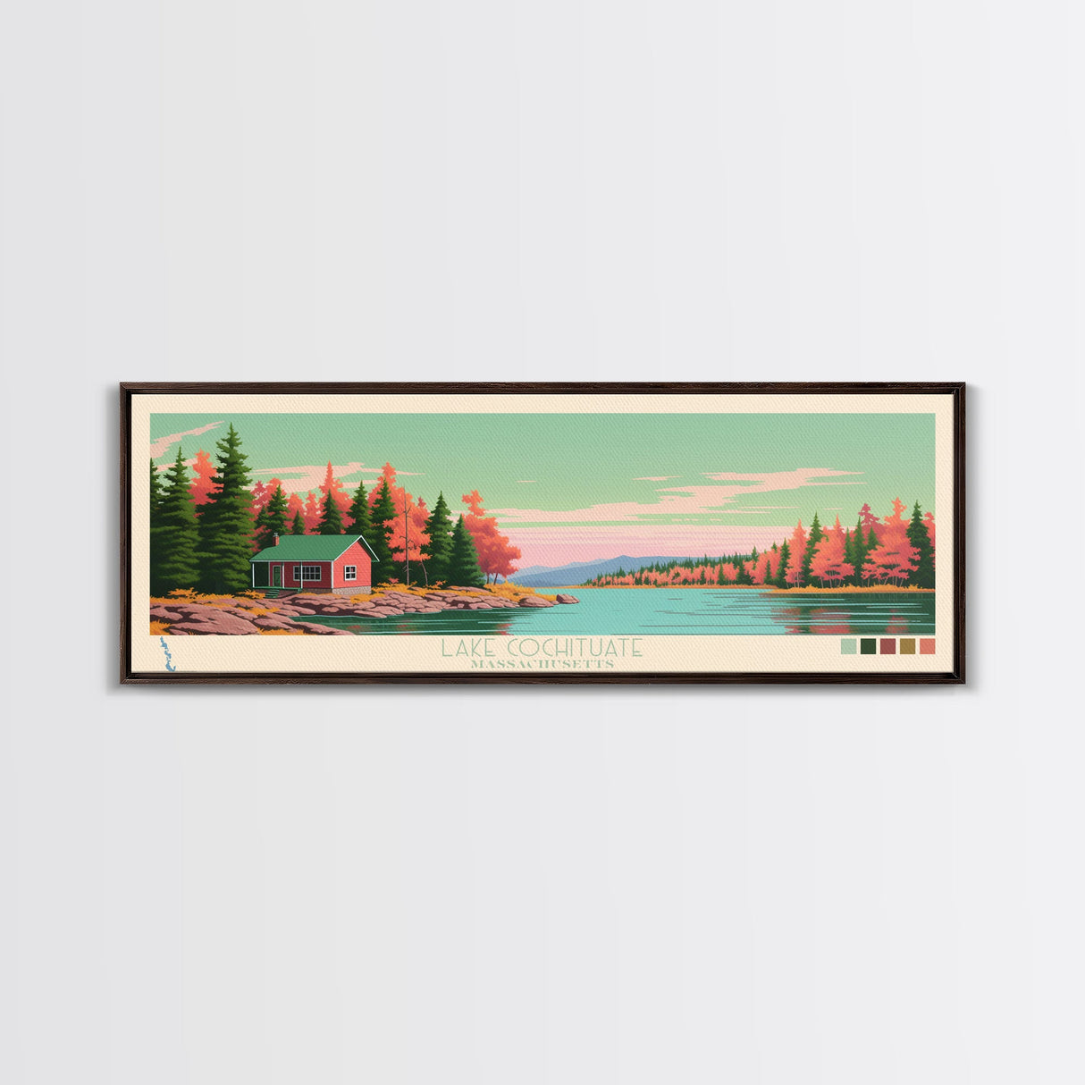 Lake Cochituate Massachusetts Framed Canvas Print, Panoramic Wall Art, Midcentury Modern, Pop Art, Bedroom Decor, Travel Poster, Living Room Art