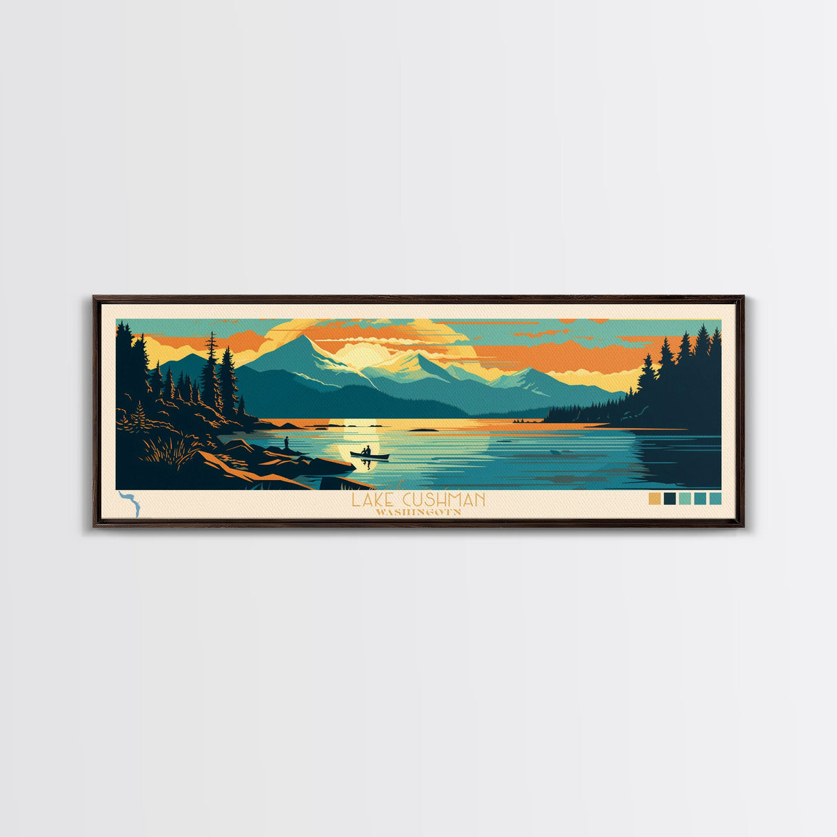 Lake Cushman Washington Framed Canvas Print, Panoramic Wall Art, Midcentury Modern, Pop Art, Bedroom Decor, Travel Poster, Living Room Art