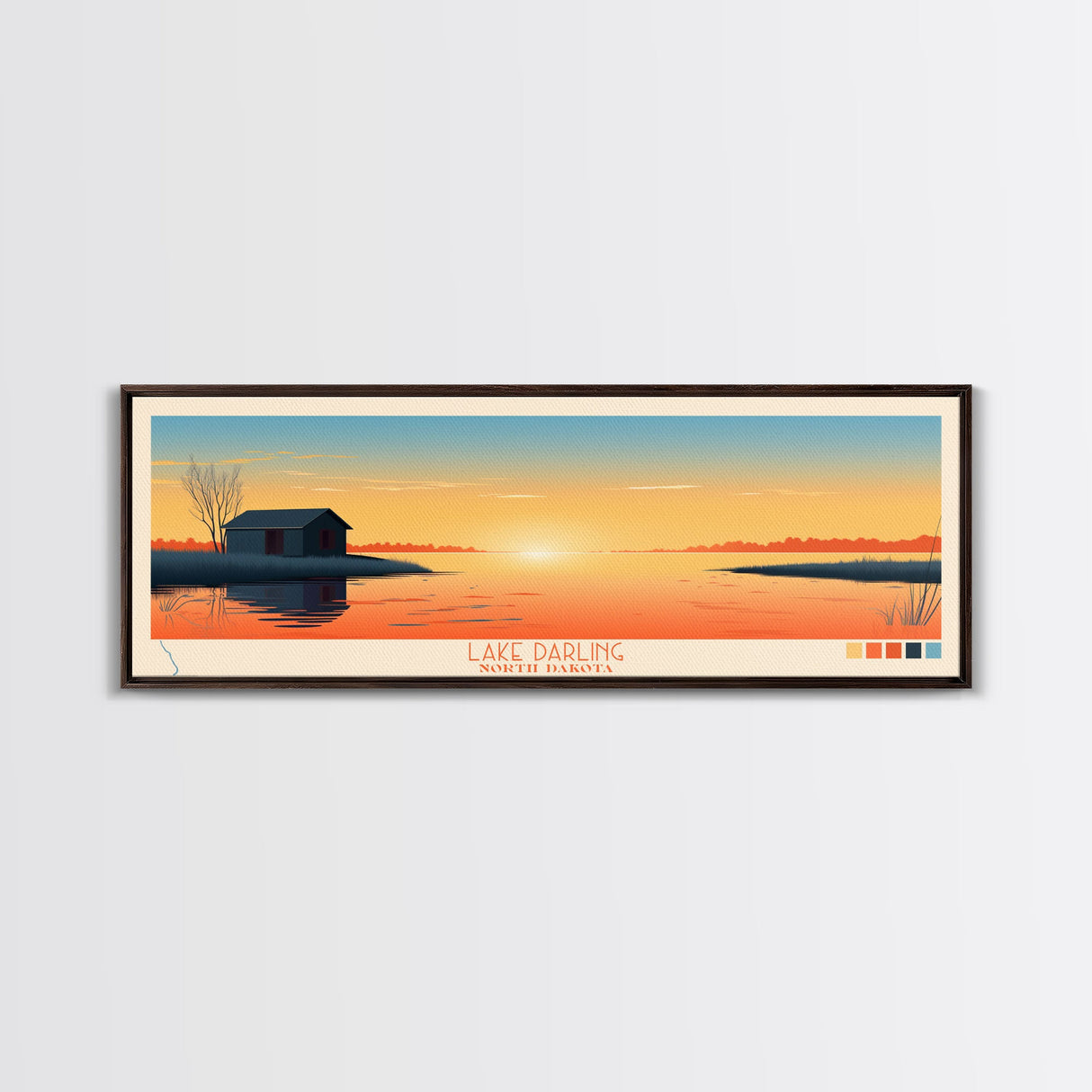 Lake Darling North Dakota Framed Canvas Print, Panoramic Wall Art, Midcentury Modern, Pop Art, Bedroom Decor, Travel Poster, Living Room Art