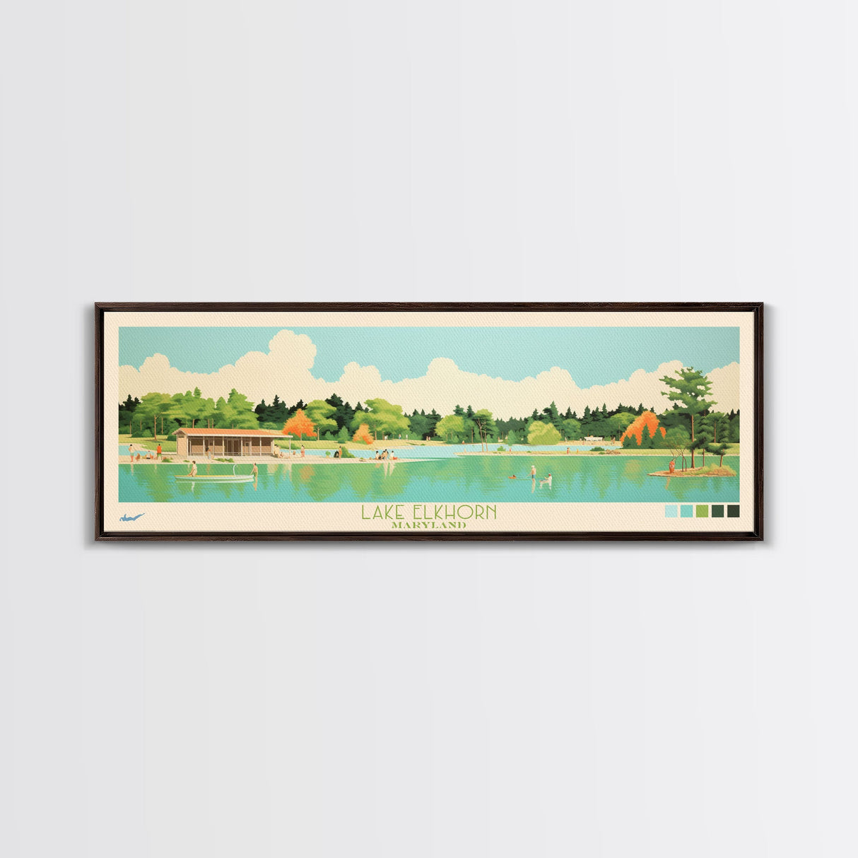 Lake Elkhorn Maryland Framed Canvas Print, Panoramic Wall Art, Midcentury Modern, Pop Art, Bedroom Decor, Travel Poster, Living Room Art