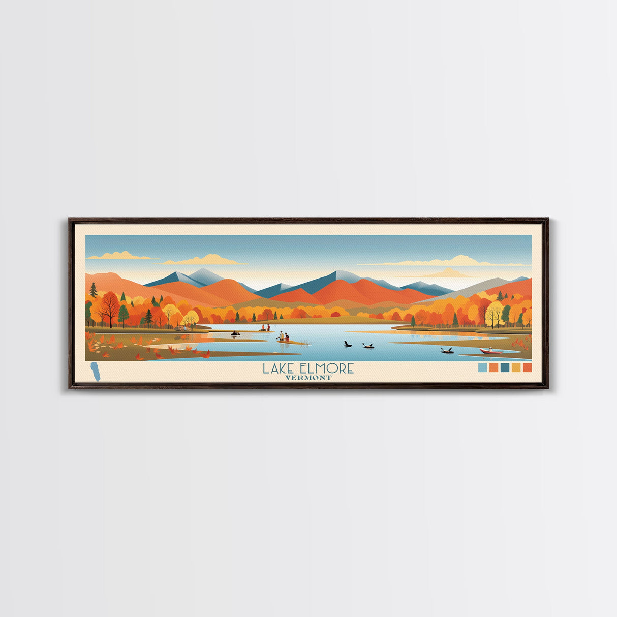 Lake Elmore Vermont Framed Canvas Print, Panoramic Art, Midcentury Modern, Pop Art, Living Room Wall Art, Travel Poster, Lake House Decor