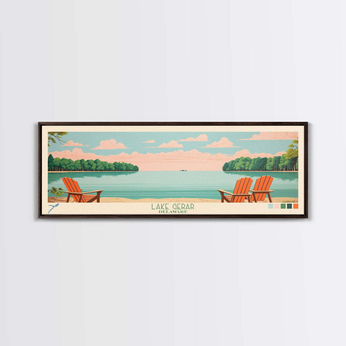 Lake Gerar Delaware Framed Canvas Print, Panoramic Wall Art, Midcentury Modern, Pop Art, Bedroom Decor, Travel Poster, Living Room Art