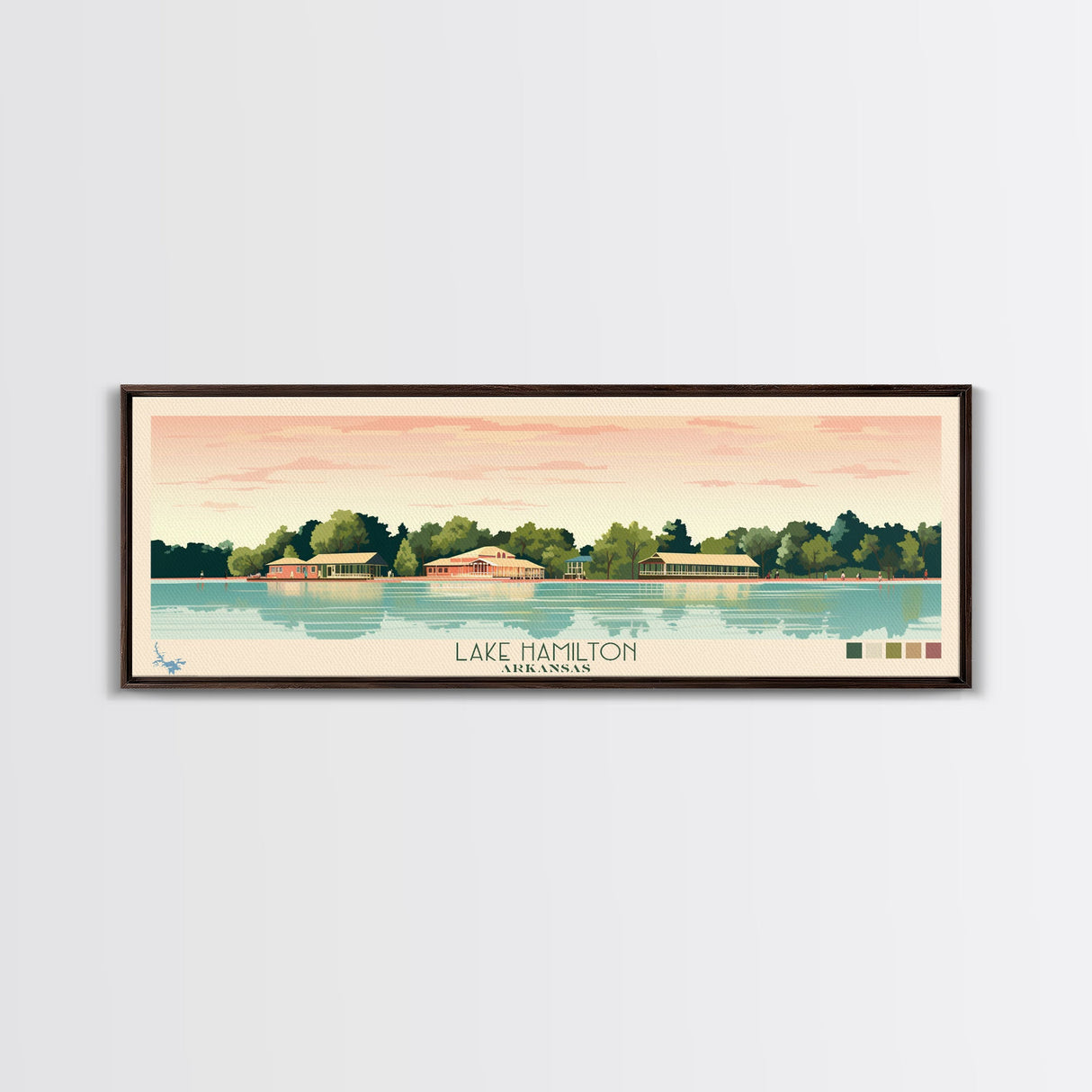 Lake Hamilton Arkansas Framed Canvas Print, Panoramic Wall Art, Midcentury Modern, Pop Art, Bedroom Art, Travel Poster, Living Room Decor