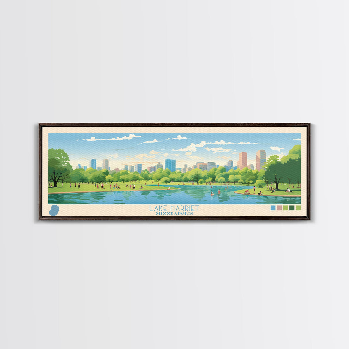 Lake Harriet Minneapolis Framed Canvas Print, Panoramic Wall Art, Midcentury Modern, Pop Art, Lake House Decor, Travel Poster, Living Room Art