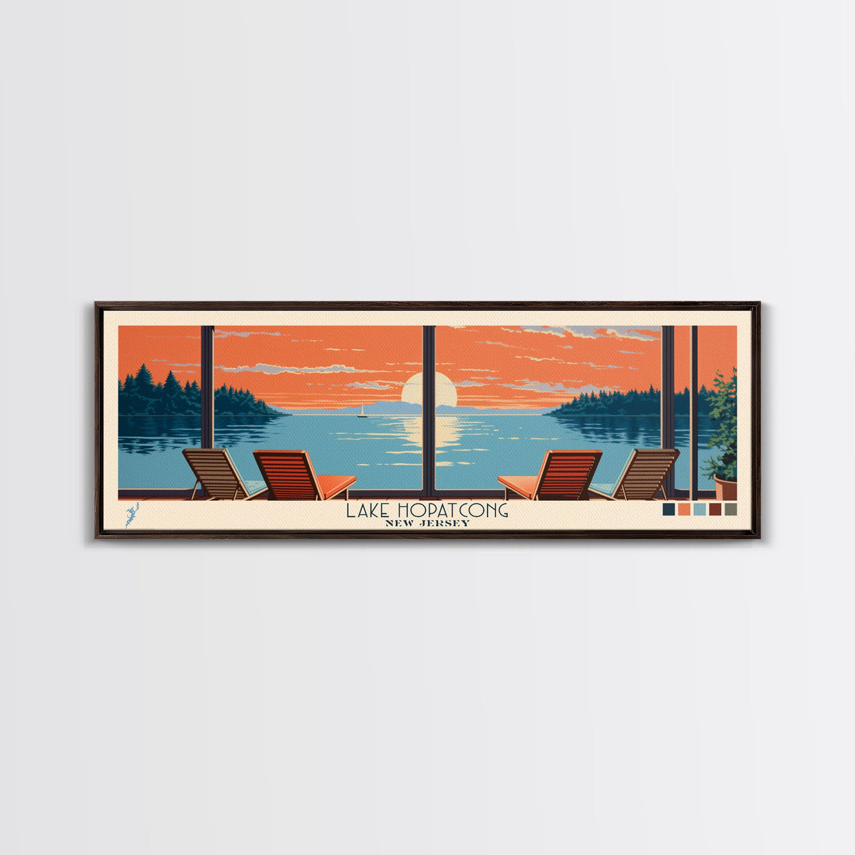 Lake Hopatcong New Jersey Framed Canvas Print, Panoramic Wall Art, Midcentury Modern, Pop Art, Living Room Decor, Travel Poster, Bedroom Art