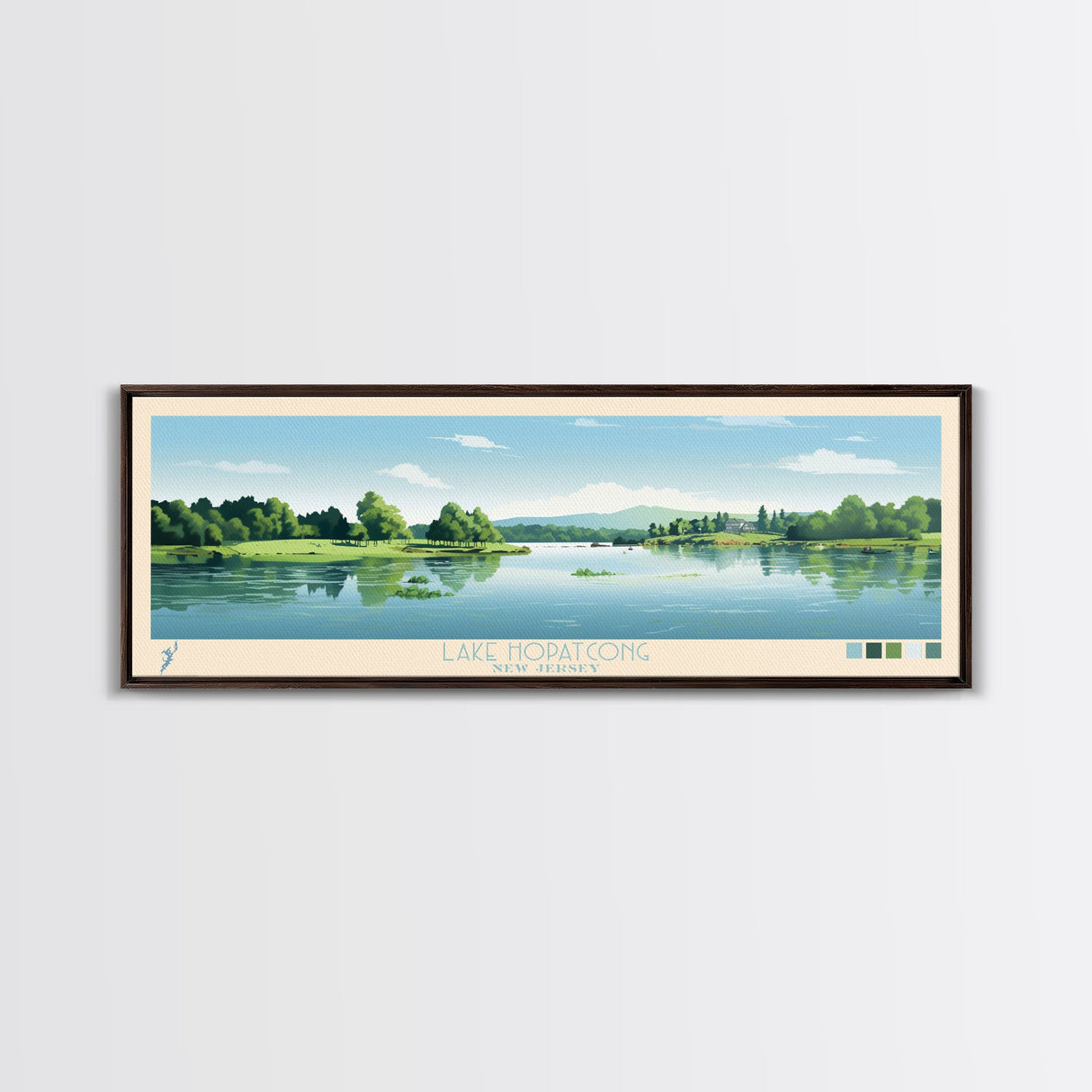 Lake Hopatcong New Jersey Framed Canvas Print, Panoramic Wall Art, Midcentury Modern, Pop Art, Lake House Decor, Travel Poster, Living Room Art