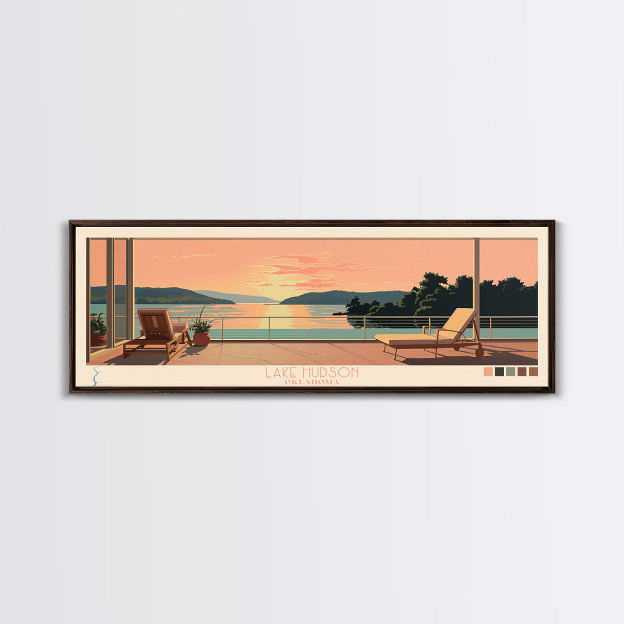 Lake Hudson Oklahoma Framed Canvas Print, Panoramic Wall Art, Midcentury Modern, Pop Art, Lake House Art, Travel Poster, Bedroom Decor